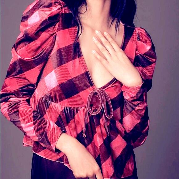 NWT ANTHROPOLOGIE MAEVE velvet babydoll top pink plaid S - Picture 7 of 9